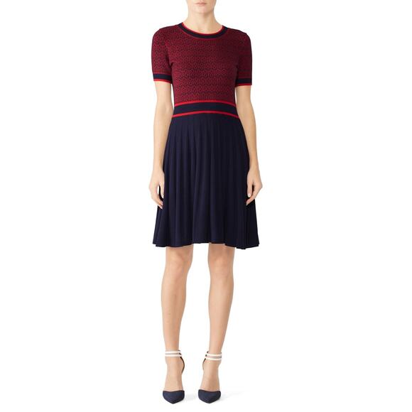 Draper James Dresses & Skirts - Draper James Magnolia Navy Red Fit & Flare Knit Short Sleeve Sweater Dress Sz M